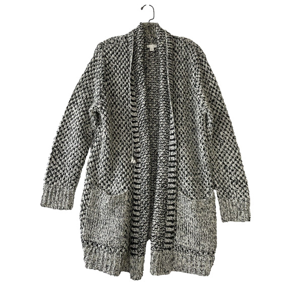 J Jill Wool Blend Long Cardigan Sweater Size M Shawl Collar Gray Black Pockets - Picture 1 of 15